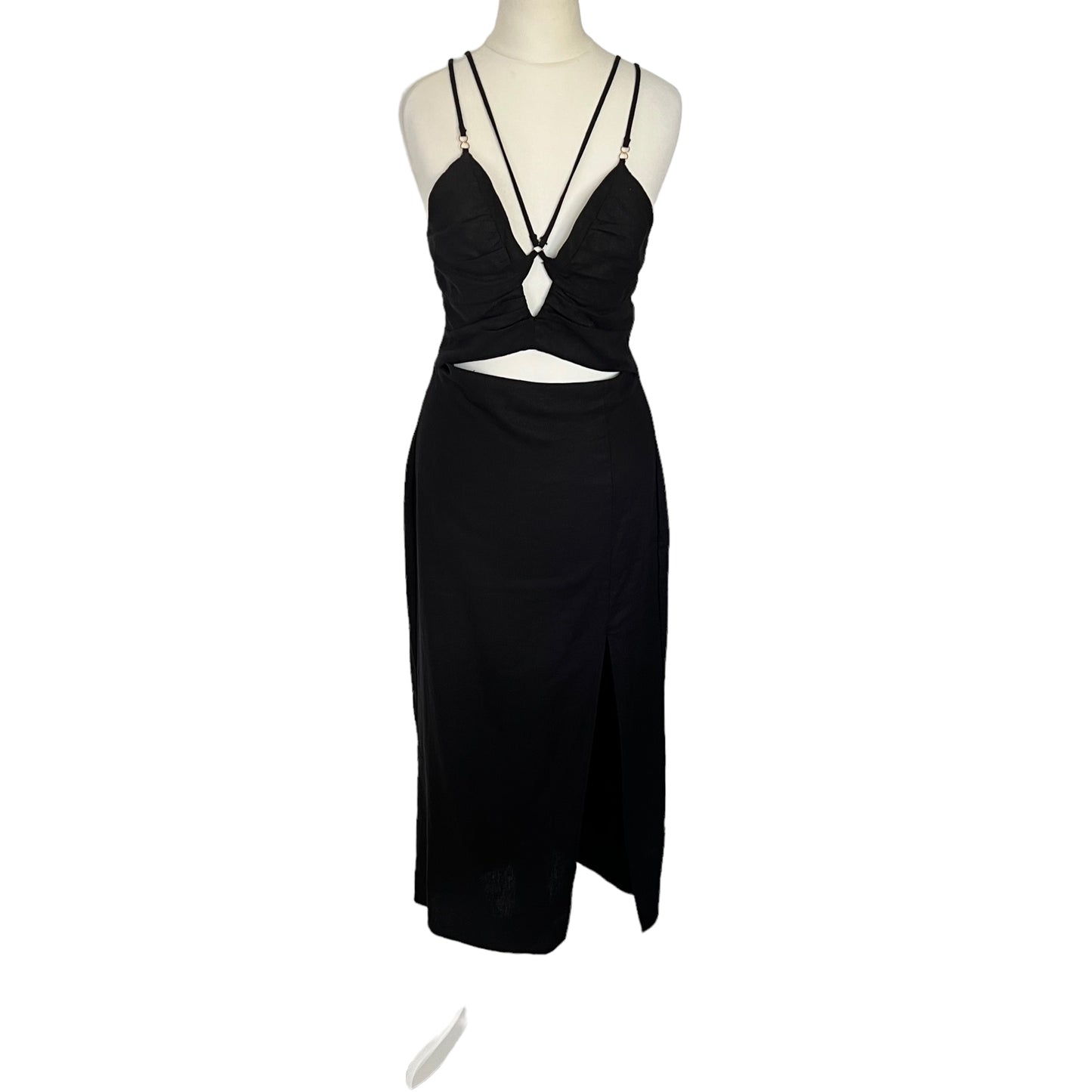 ZARA new black linen viscose cut out strappy cami long dress split size S 8