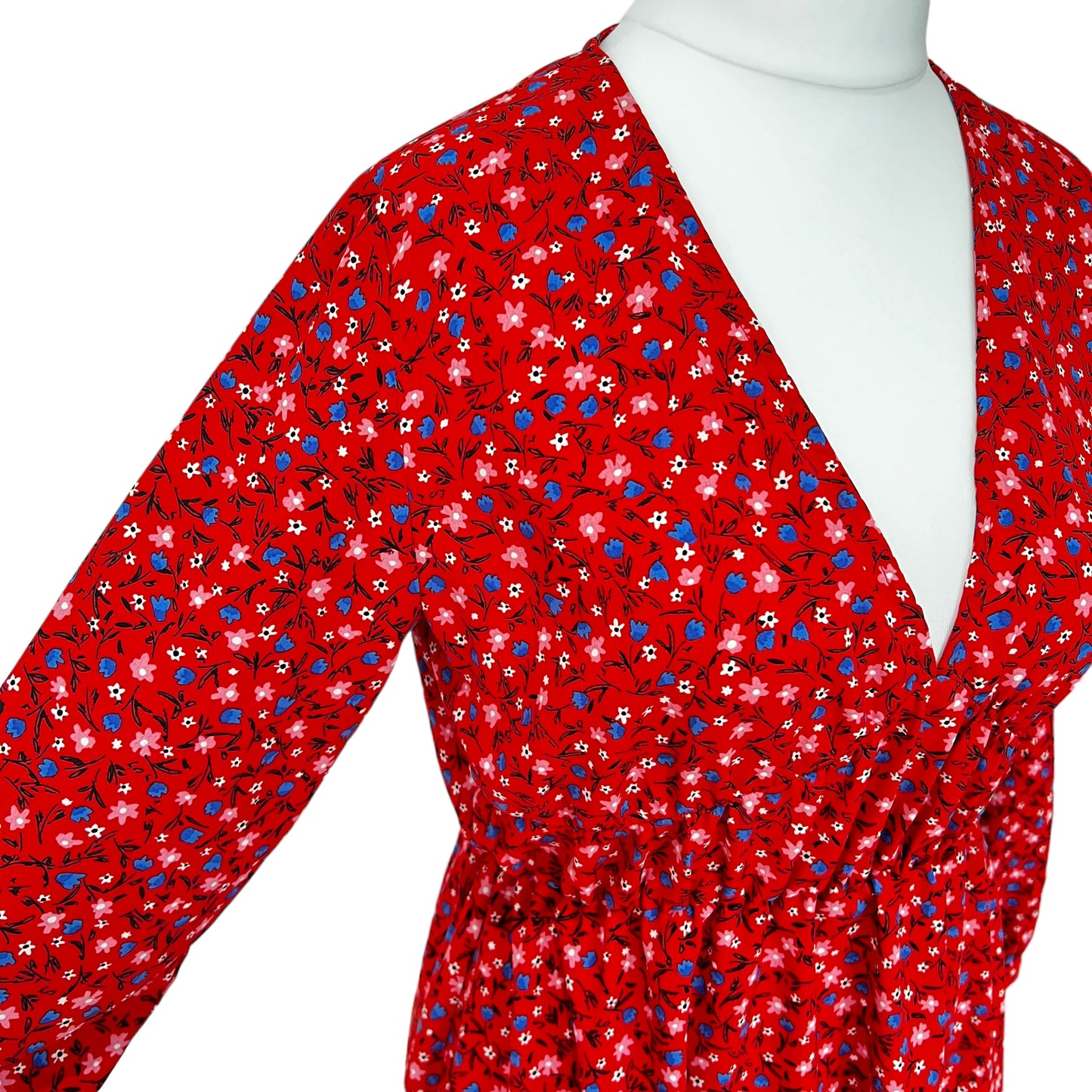 ZARA short red floral flowers print fit flare dress v neck long sleeve size M 10