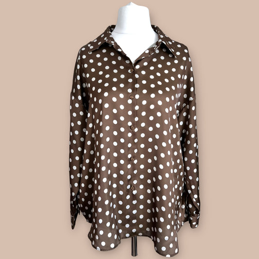 ZARA satin shirt witk polka dot khaki green smart chic size L 12