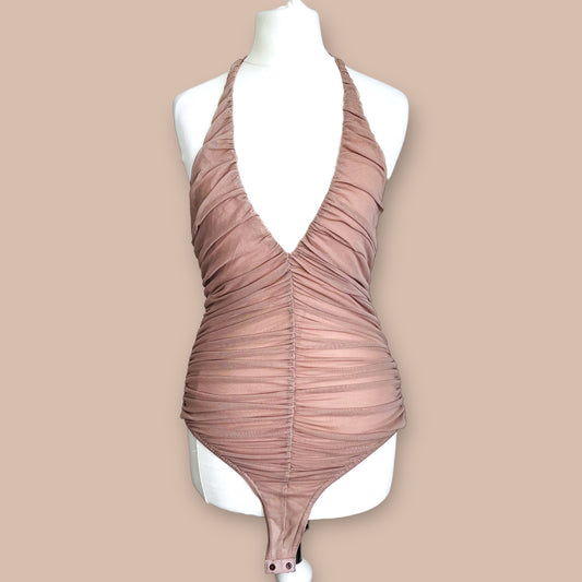 ZARA tulle halter neck open back blush nude beige bodysuit top size S 8 3067 410 942