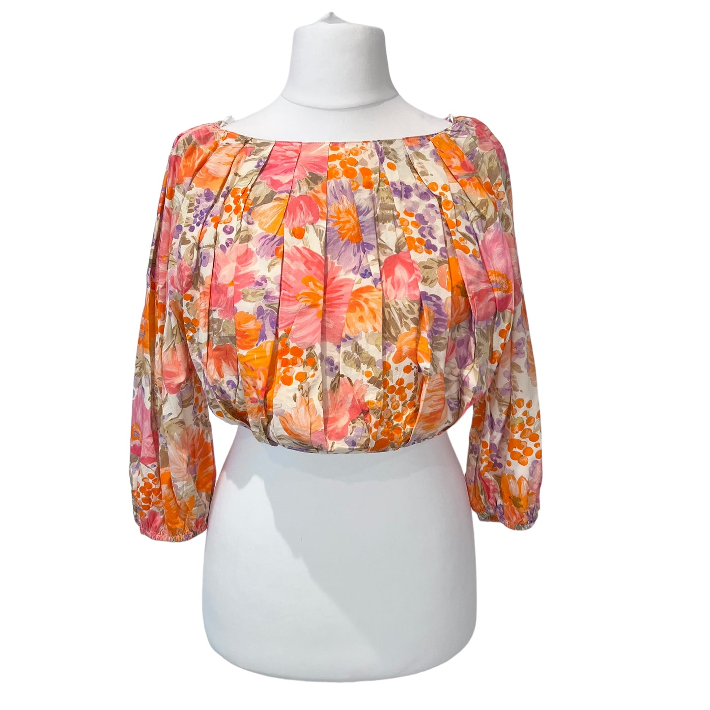 ZARA new crop top pleated 100% cotton floral flowers print orange pink size S small 2423 203 330