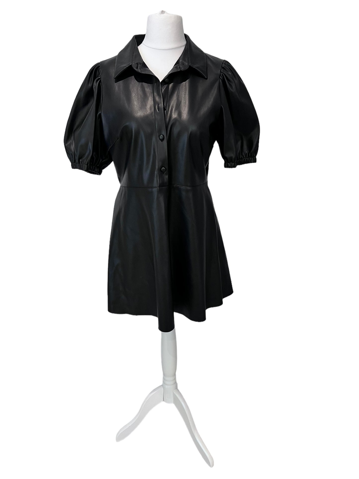 ZARA new black faux leather fit and flare mini short dress puffy shoulders collar button up size XL 14 4387 224 800