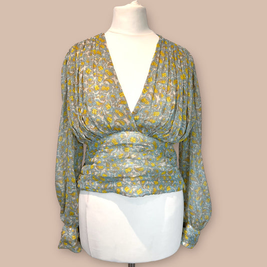 ZARA bnwt chiffon paisley green yellow long sleeve v neck top blouse size M 10 3017 183 330