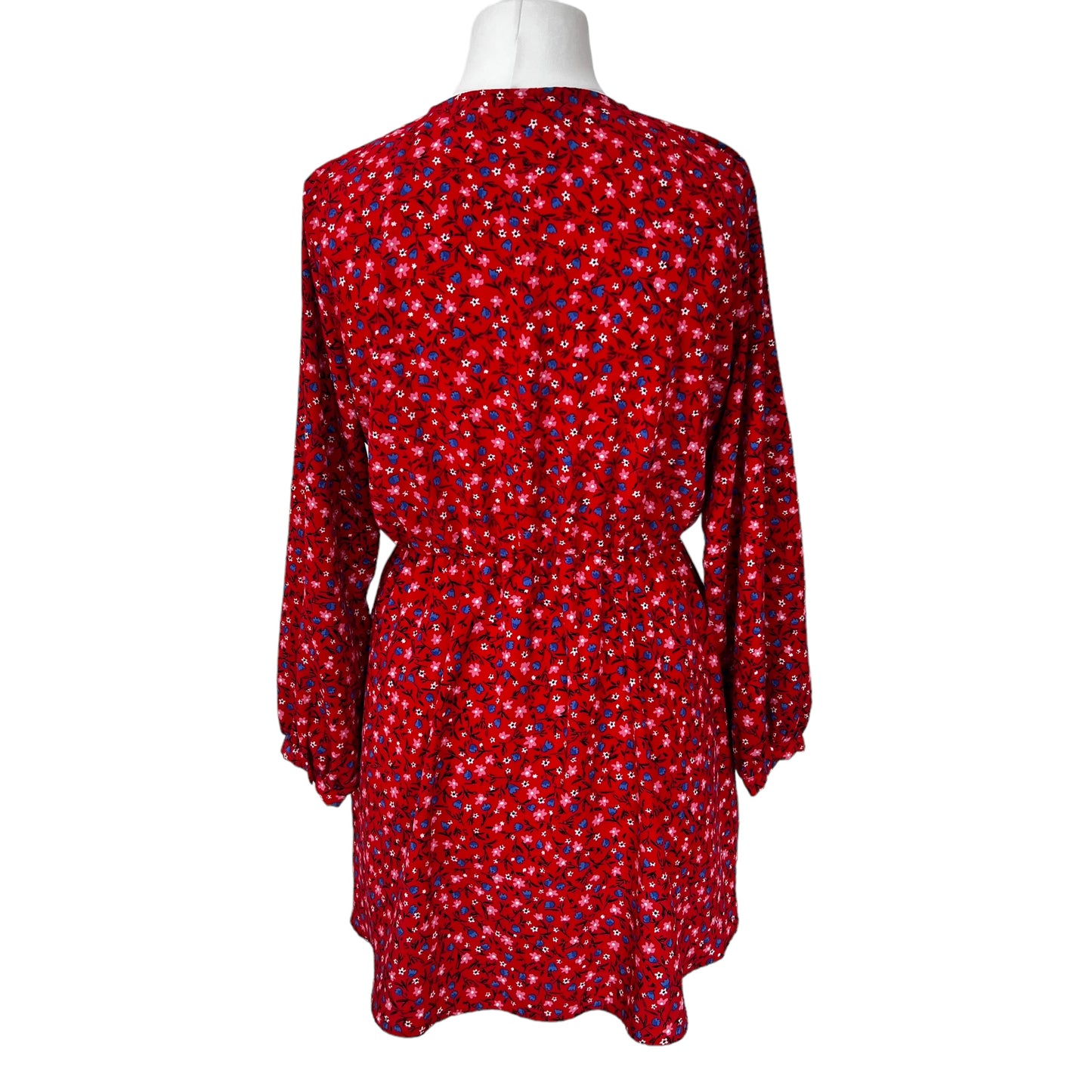 ZARA short red floral flowers print fit flare dress v neck long sleeve size M 10