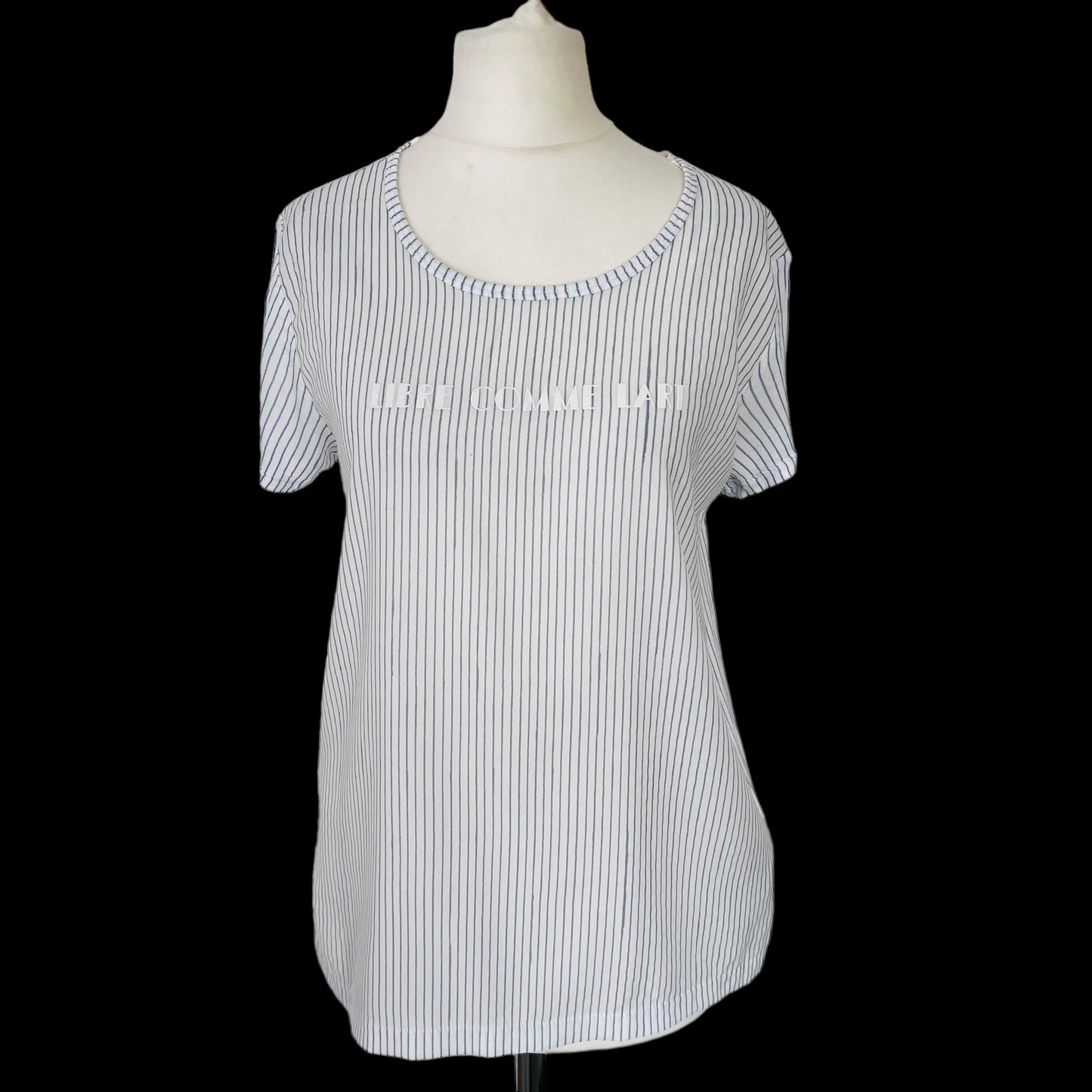 ZARA white blue striped stripes contrast t-shirt top slogan size S small 8 5644 054 405