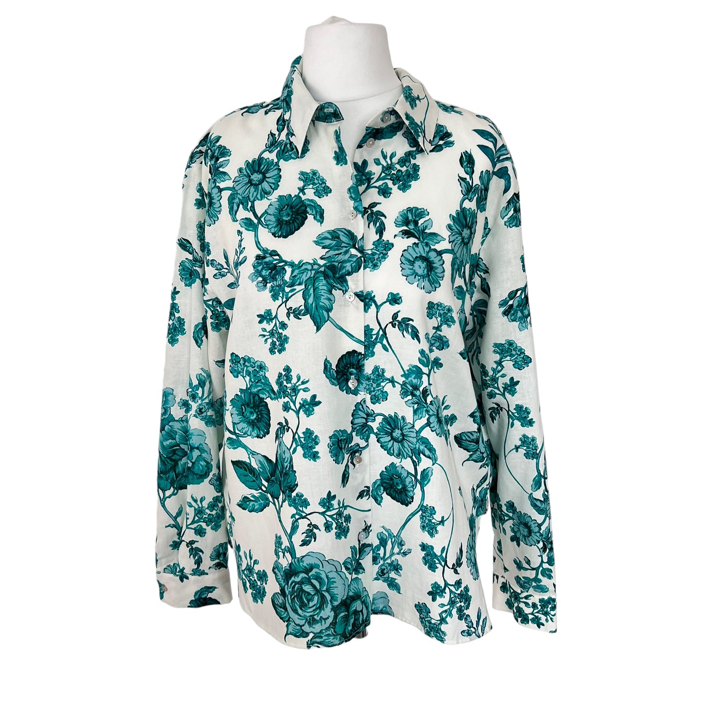 ZARA new floral print white green linen blend shirt summer spring size XL 14  8319 446 069