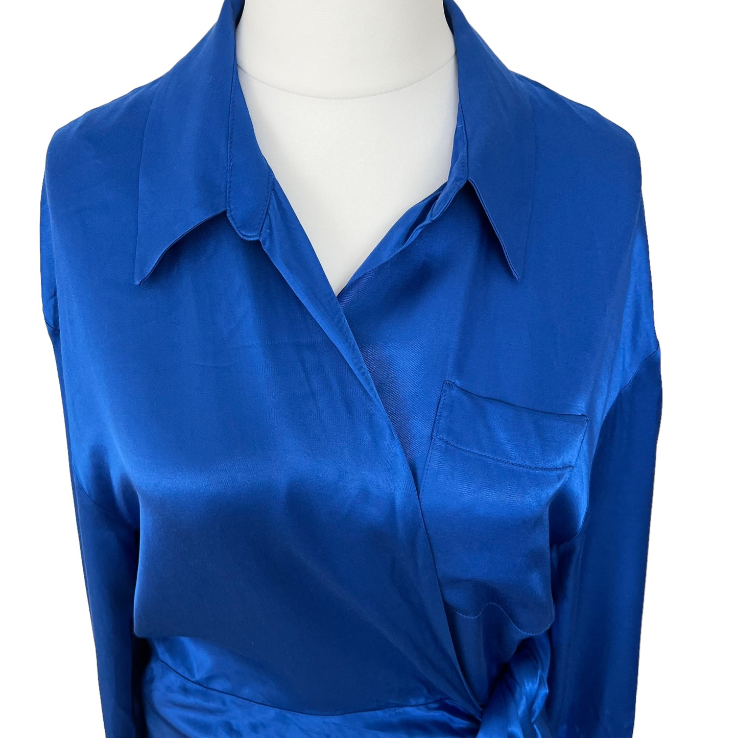 ZARA blue satin silky effect wrap short shirt dress collar tie blogger fav size XL 14 2143 256 420