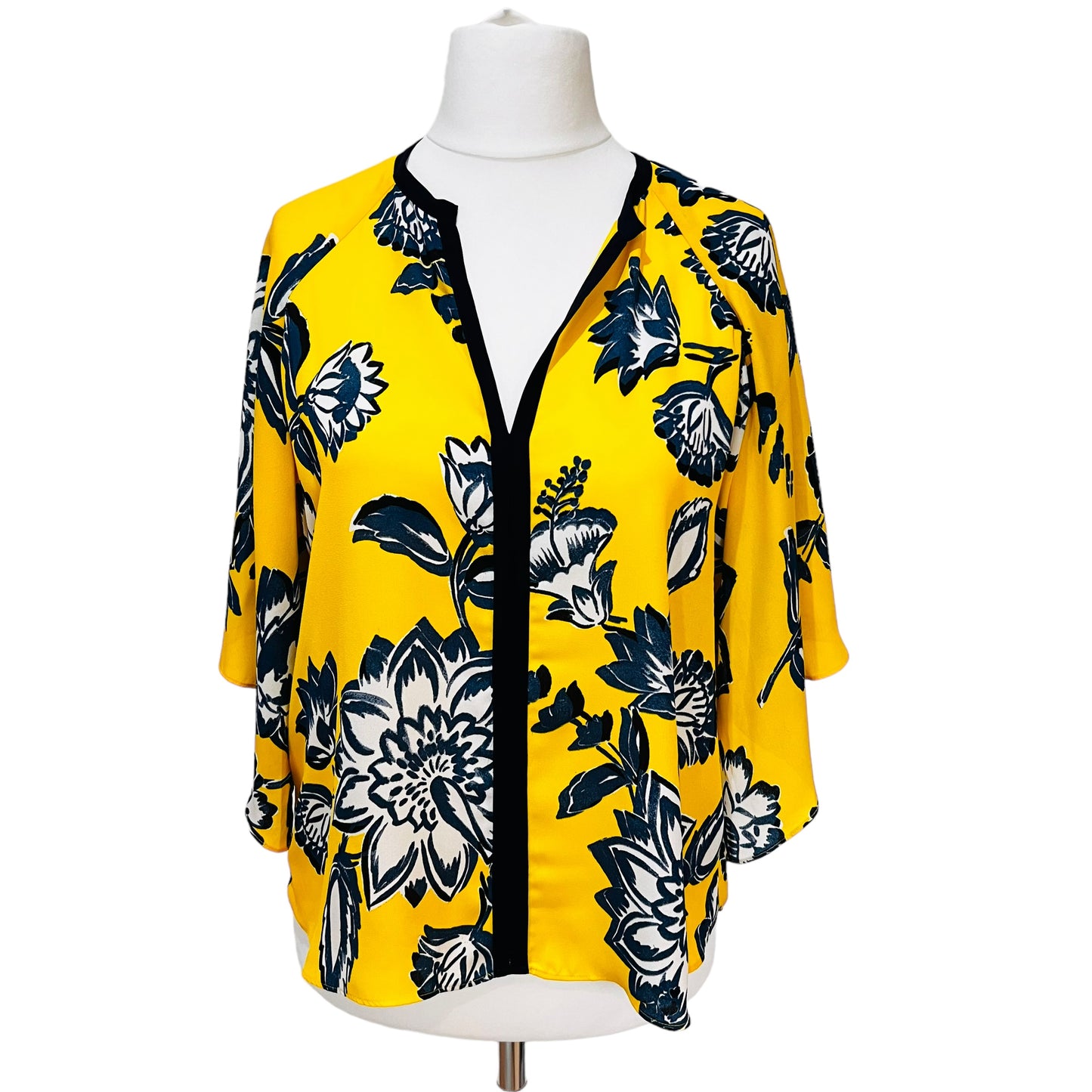 ZARA blouse top yellow black flowers floral print wide sleeves siz M L 10 12