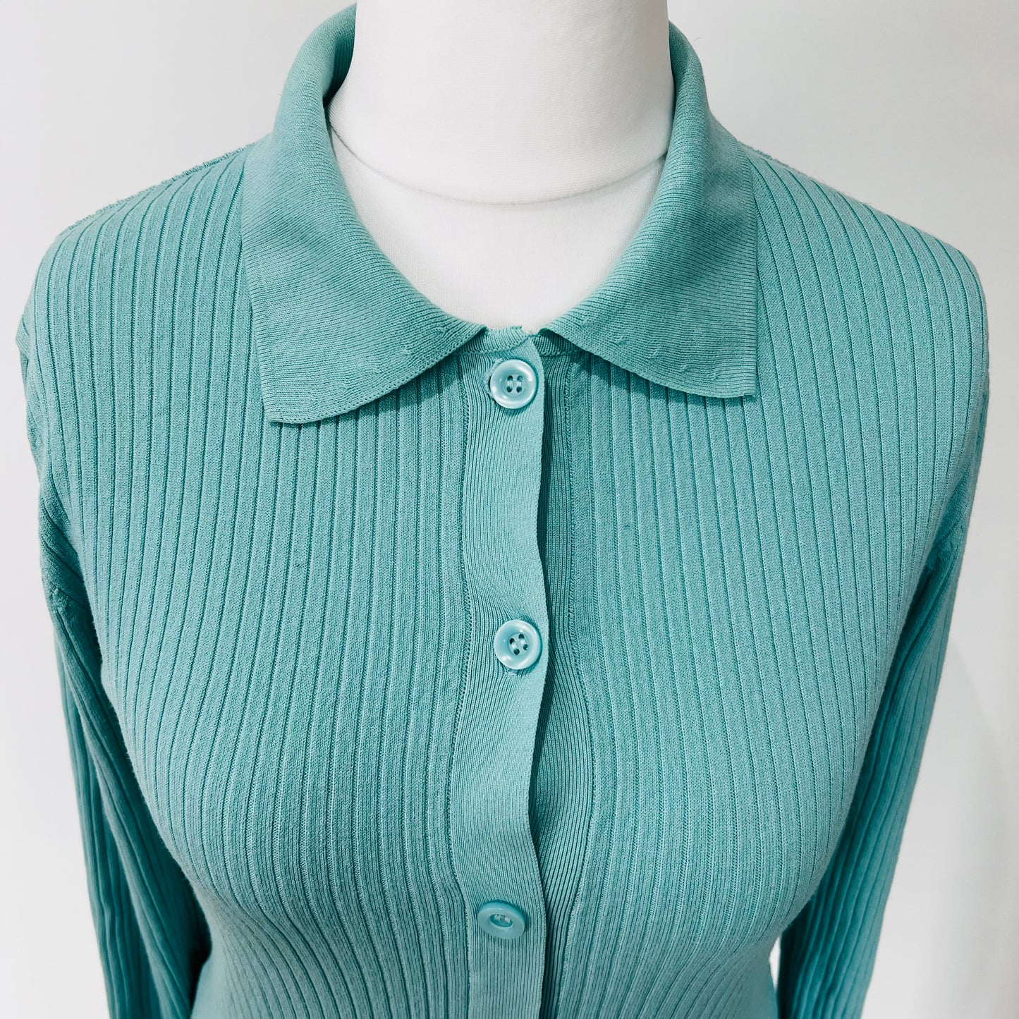 ZARA ribbed mint green fitted collar mini short buttoned up dress size L 12