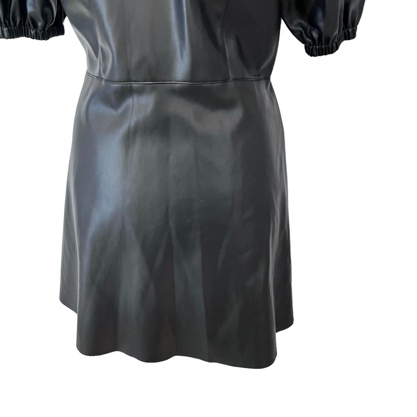 ZARA new black faux leather fit and flare mini short dress puffy shoulders collar button up size XL 14 4387 224 800