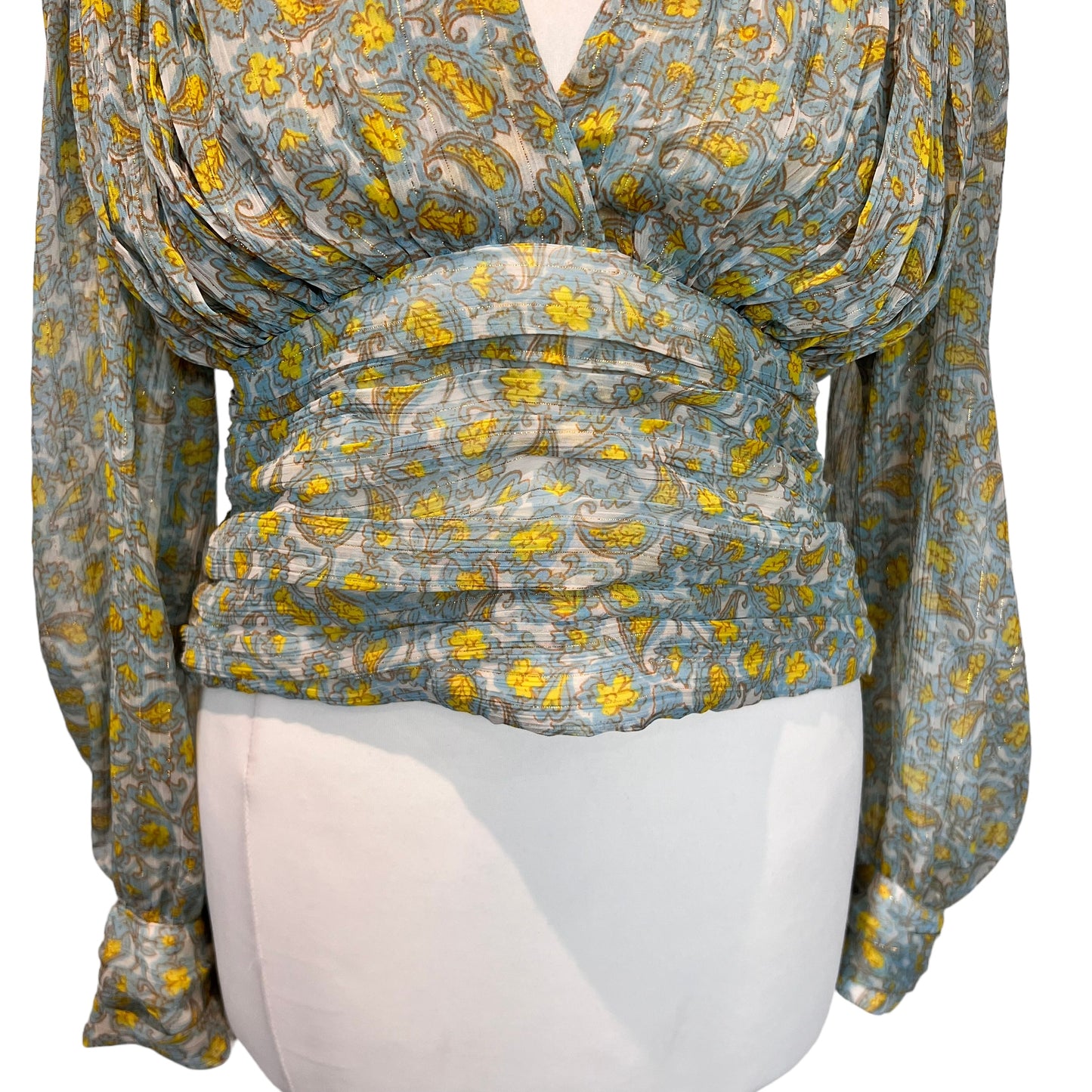 ZARA bnwt chiffon paisley green yellow long sleeve v neck top blouse size M 10 3017 183 330