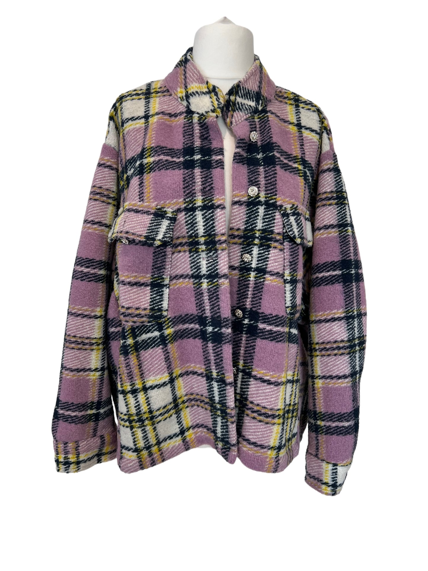 ZARA pink purple check soft wool blend shirt overshirt jacket shacket oversize size M fits L 10 12 14