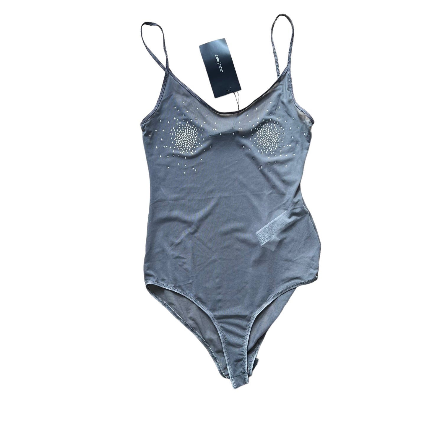 ZARA bnwt new grey sheer silver diamonds party holiday sexy bodysuit size S small 6 8 5644 216 809