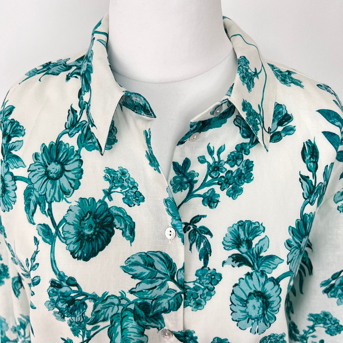 ZARA new floral print white green linen blend shirt summer spring size XL 14  8319 446 069