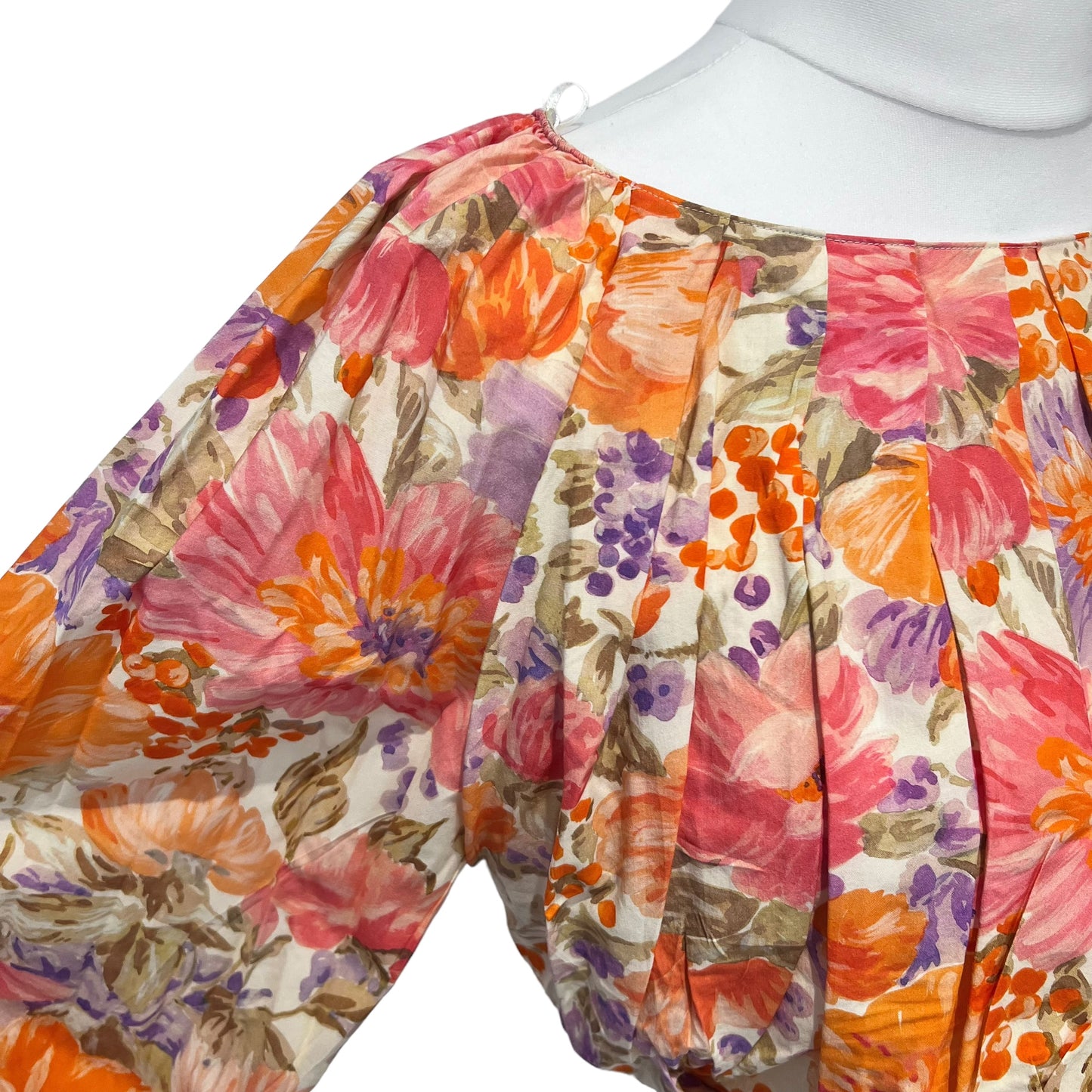 ZARA new crop top pleated 100% cotton floral flowers print orange pink size S small 2423 203 330