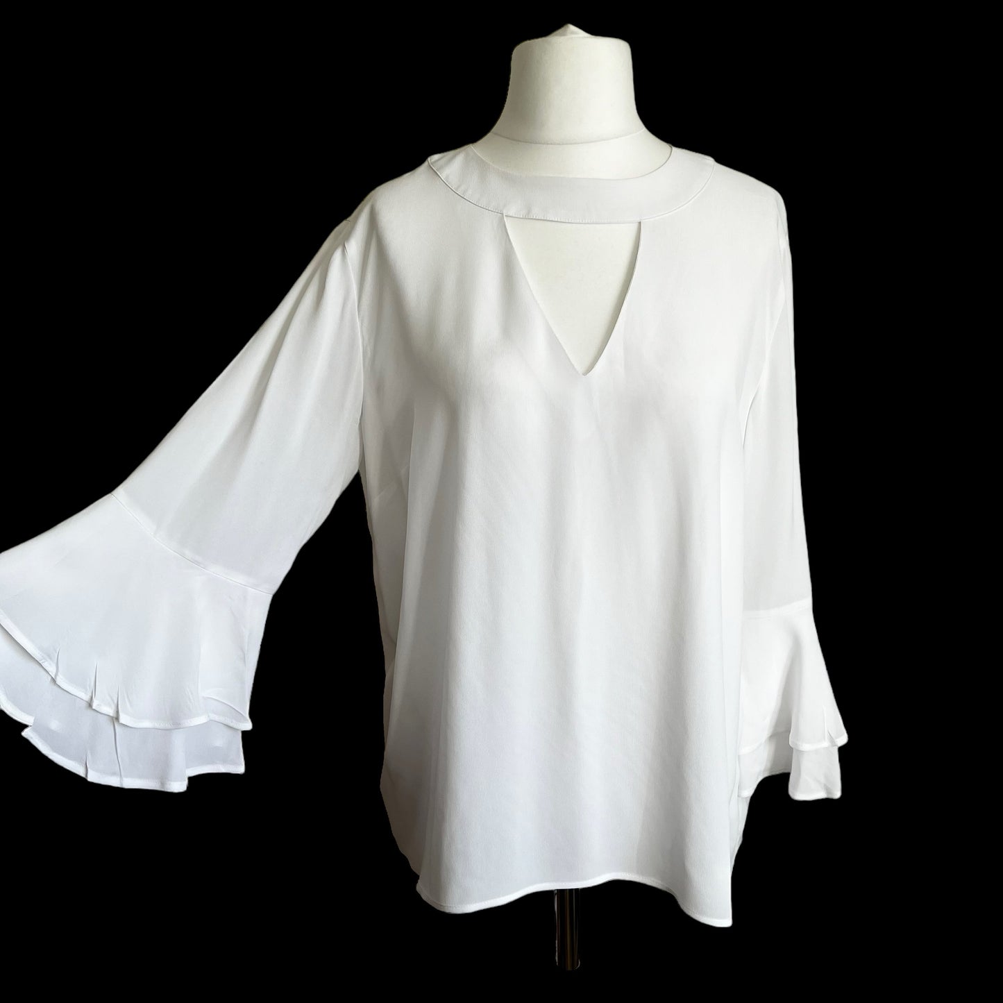 ZARA white top blouse with flared sleeve frill ruffle cut out neck size L 12