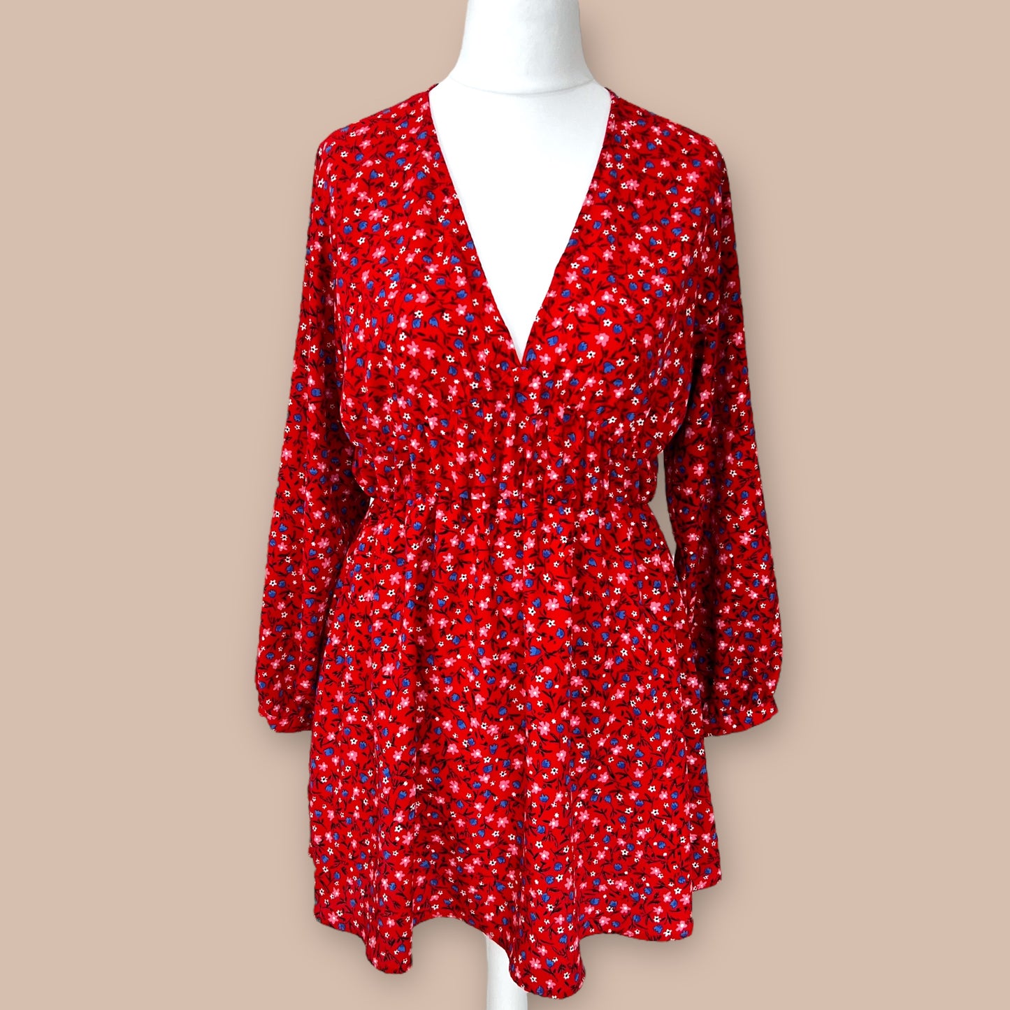 ZARA short red floral flowers print fit flare dress v neck long sleeve size M 10