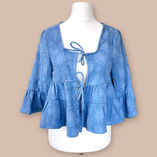 ZARA bnwt new blue embroidered broderie tiered blouse jacket summer holiday size L large 12 8433 487 400