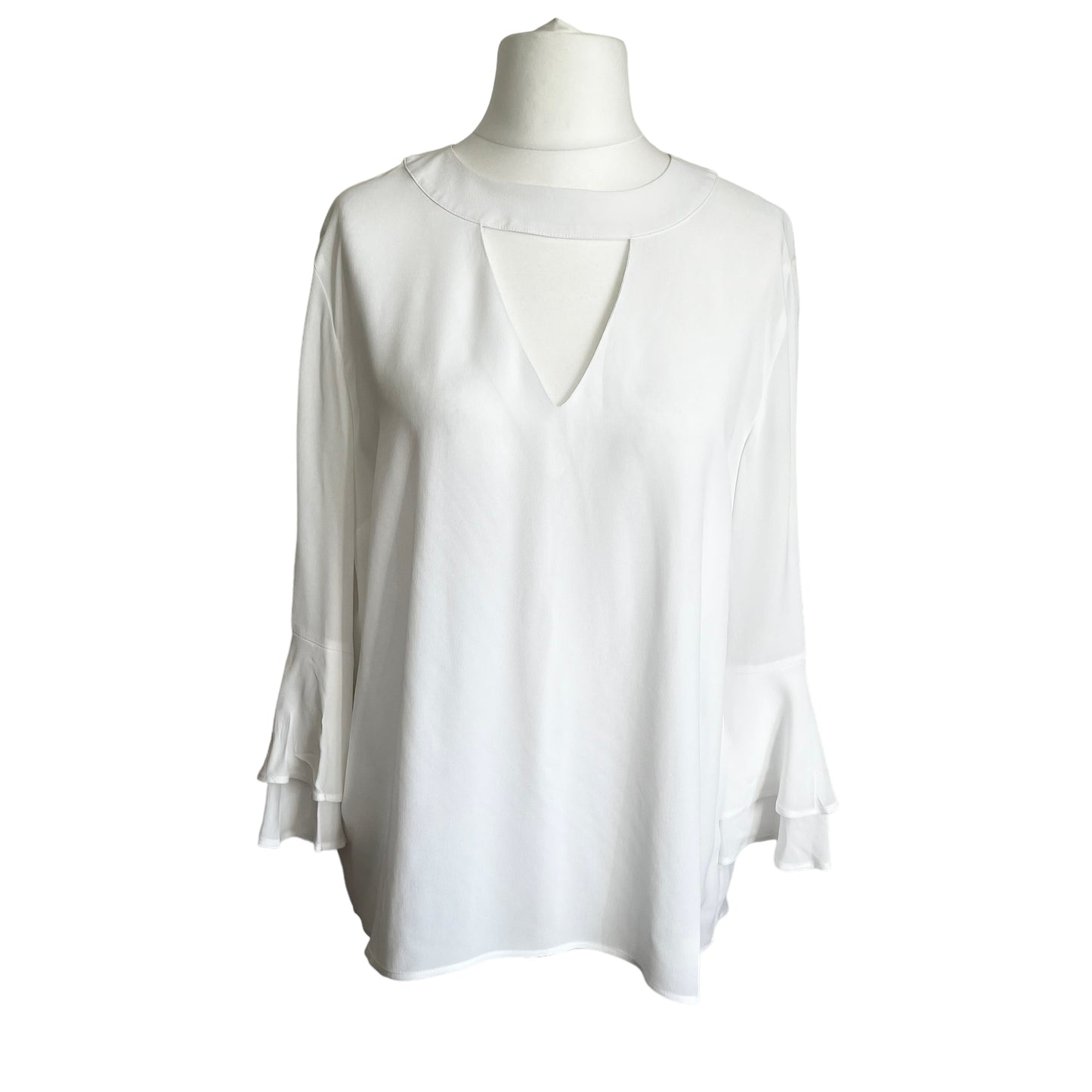 ZARA white top blouse with flared sleeve frill ruffle cut out neck size L 12