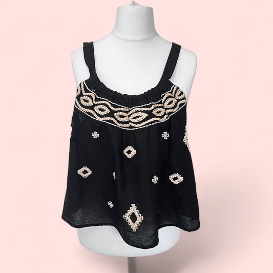 ZARA new black 100% cotton black embroidered crop short top with ties size XXL 14 16