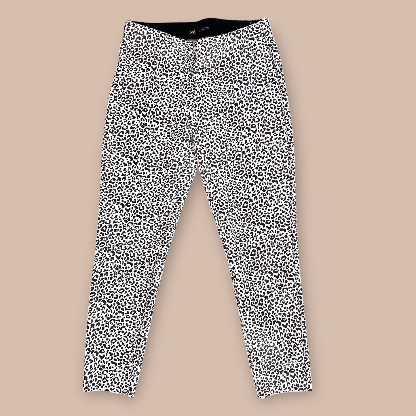 ZARA high waisted leopard animal print black white soft stretchy leggings trousers size L 12