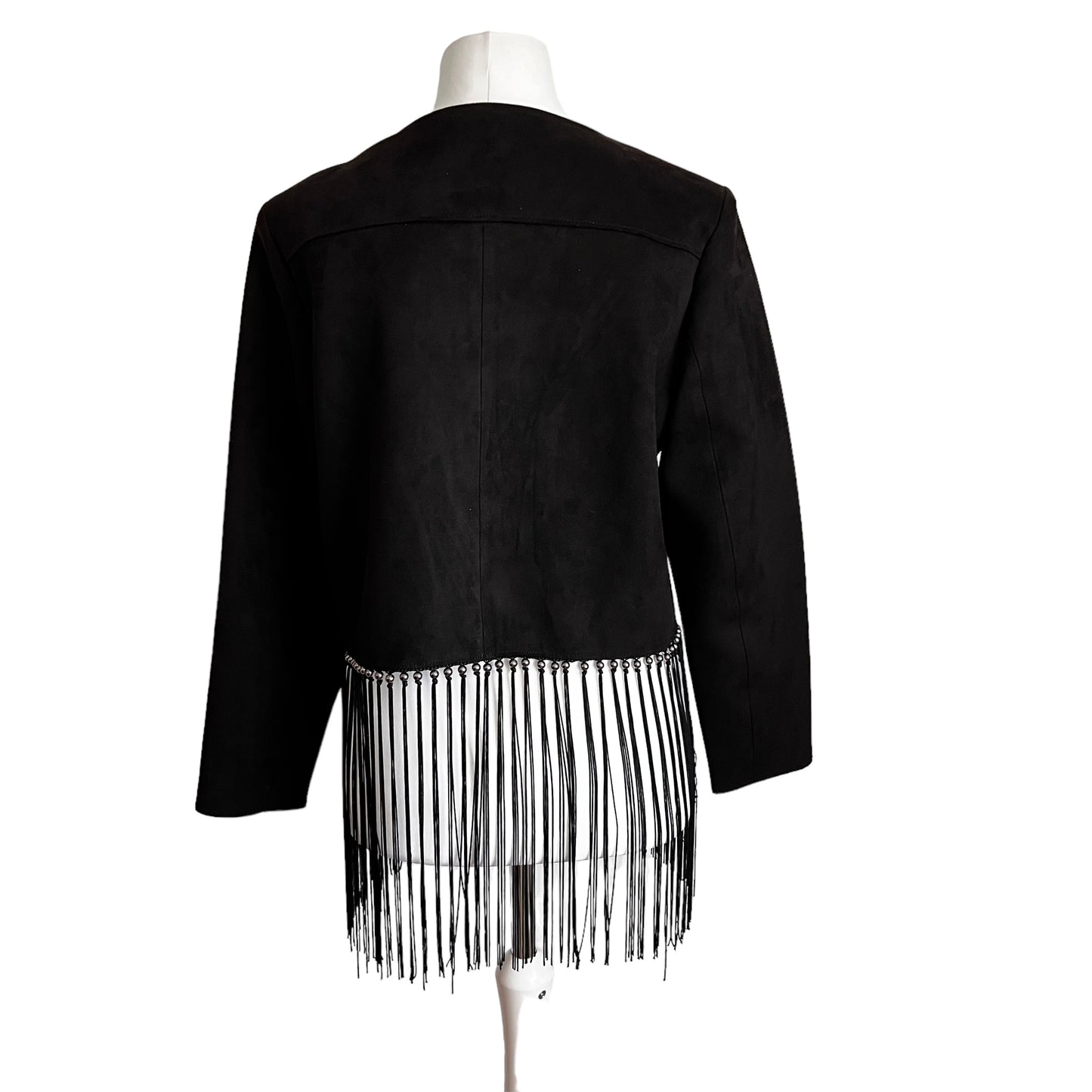 ZARA black faux suede fringe short cropped jacket festival boho bohemian size XL 14 6318 026 800