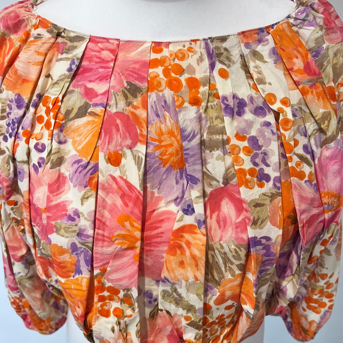 ZARA new crop top pleated 100% cotton floral flowers print orange pink size S small 2423 203 330