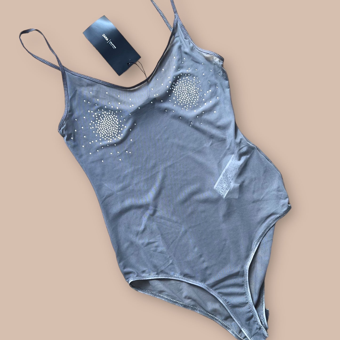 ZARA bnwt new grey sheer silver diamonds party holiday sexy bodysuit size S small 6 8 5644 216 809