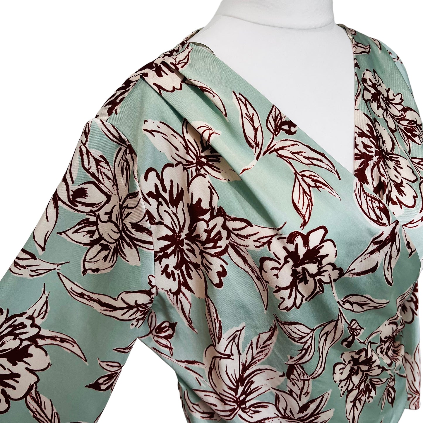 ZARA mint floral print flowers wrap satin silky blouse top size L 12