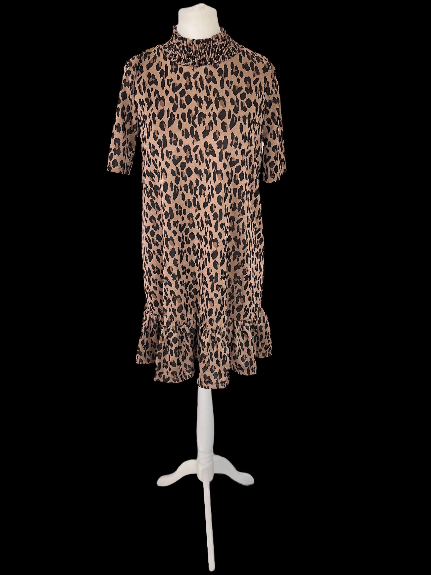 ZARA short midi high neck animal print frill ruffle a line dress knee length size S small 6 8 5644 410 051