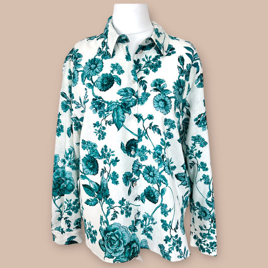 ZARA new floral print white green linen blend shirt summer spring size XL 14  8319 446 069