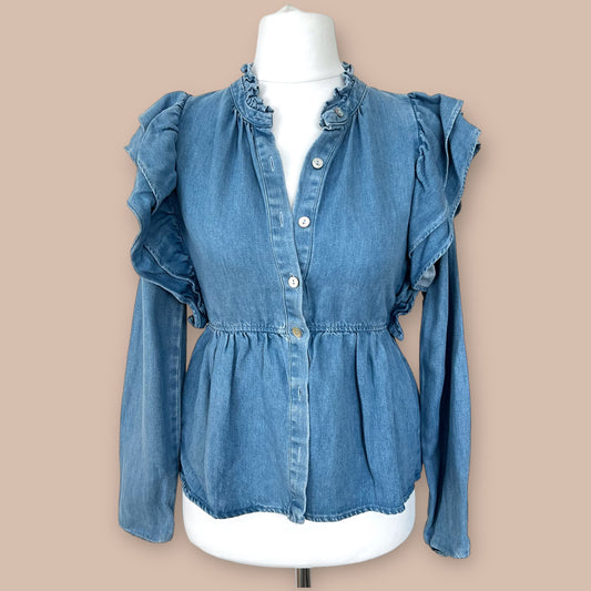 ZARA denim blouse shirt with frills ruffles blue peplum linen lyocell size S small 6 8 6929 005 406