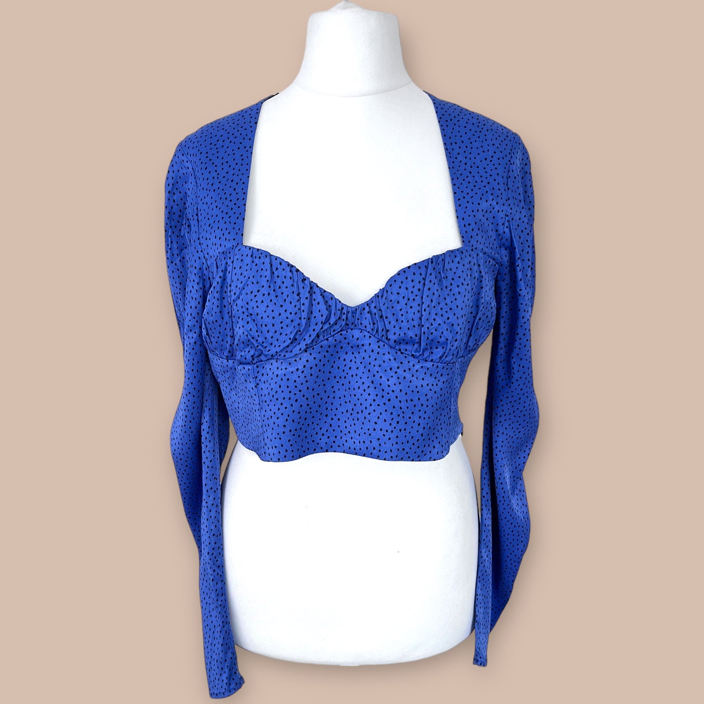 ZARA bnwt new crop short satin cobalt blue satin polka dots top size XL 14 3067 454 405