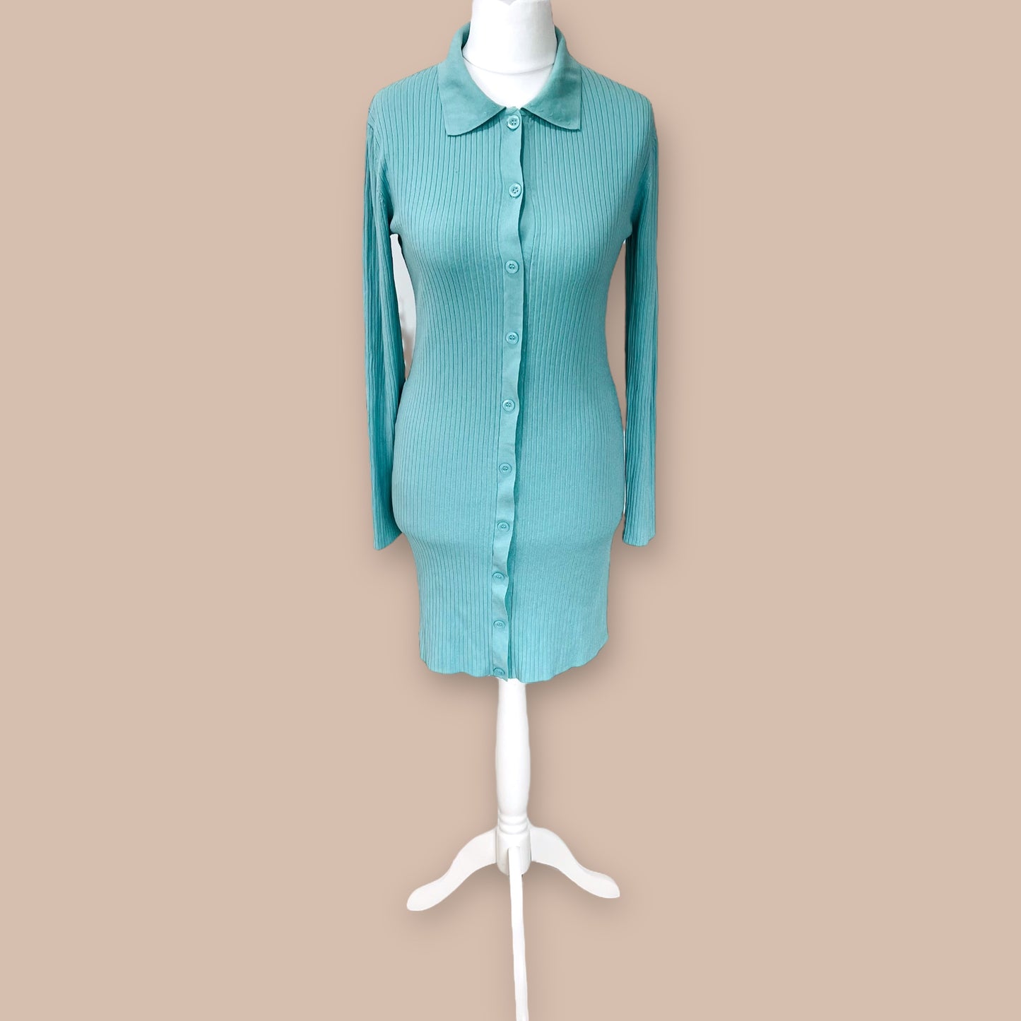 ZARA ribbed mint green fitted collar mini short buttoned up dress size L 12