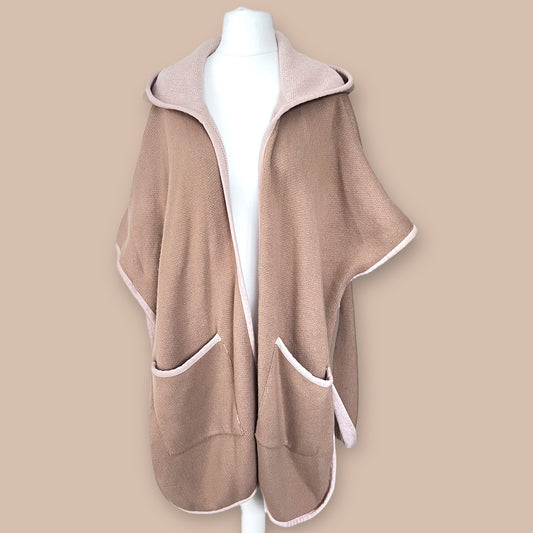 ZARA knit brown beige thick chunky cape with hood coat cover up one size S M L XL