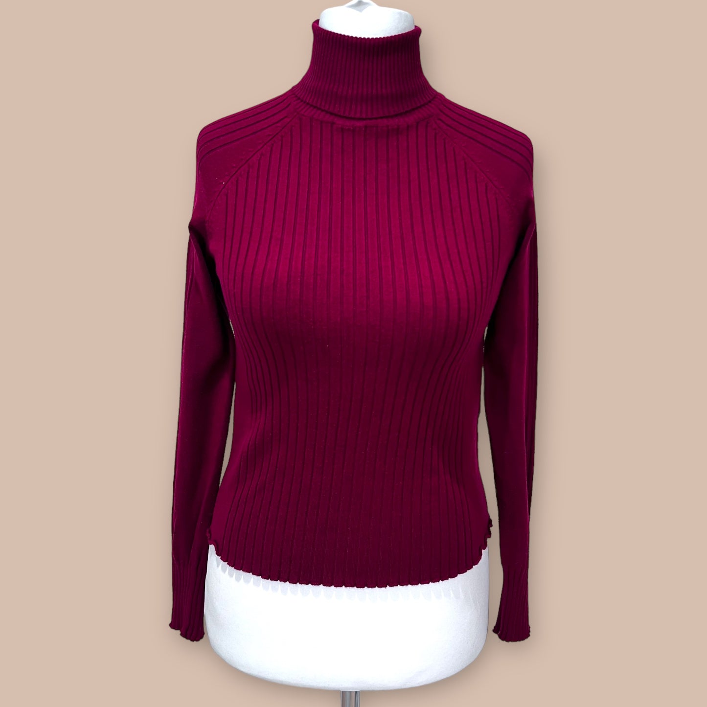 ZARAred burgundy high turtle neck ribbed fitted jumper sweater knit size M medium 10 12