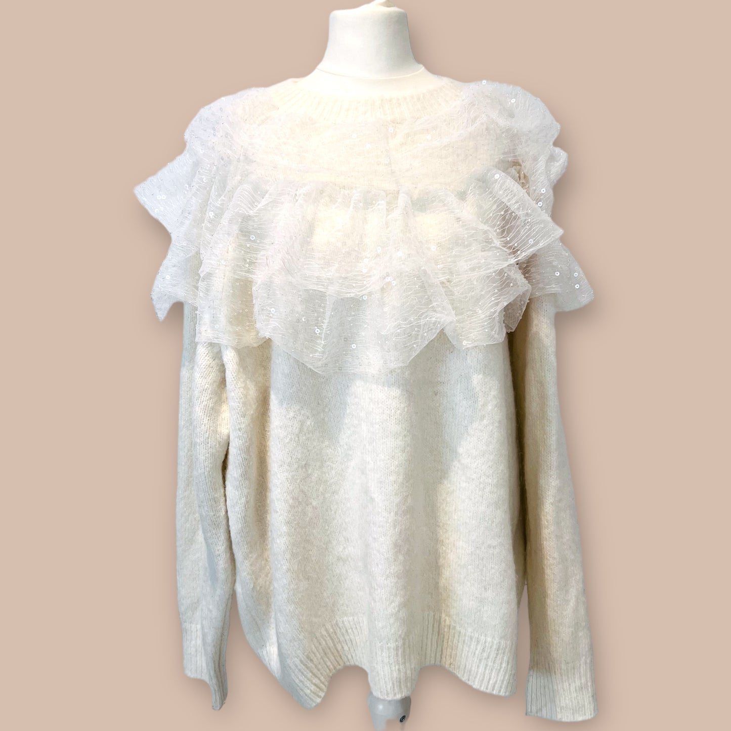 ZARA cream ecru chunky jumper sweater with ruffled collar frill sequins thick oversize size L XL XXL 5507 107 712