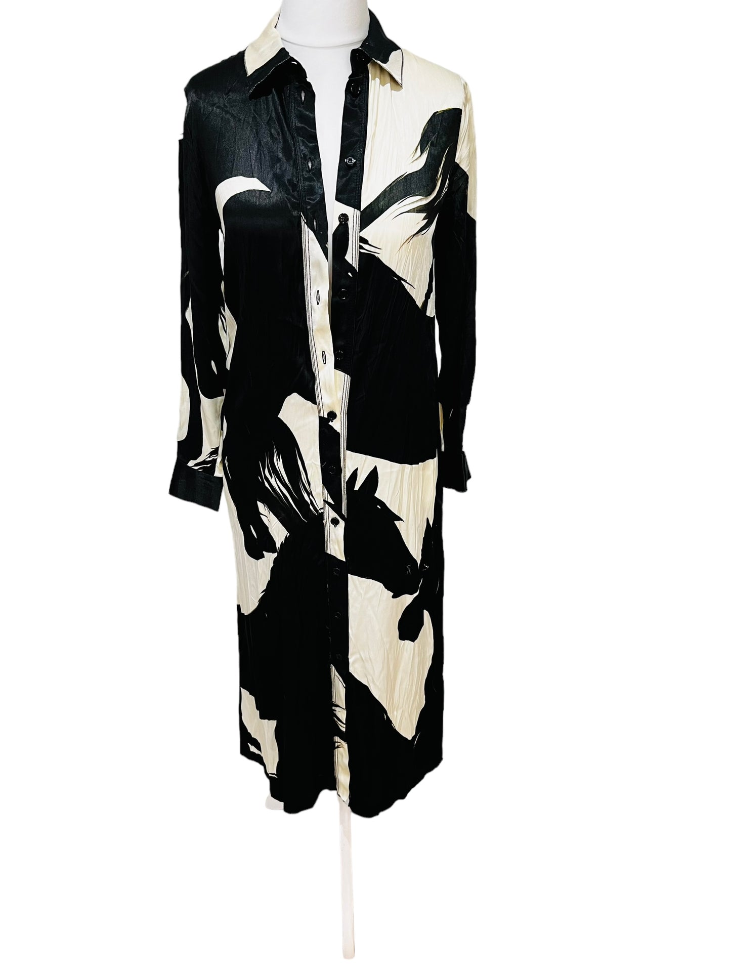 ZARA ZW collection long silky satin black white shirt dress size S M fits 10 8907/065