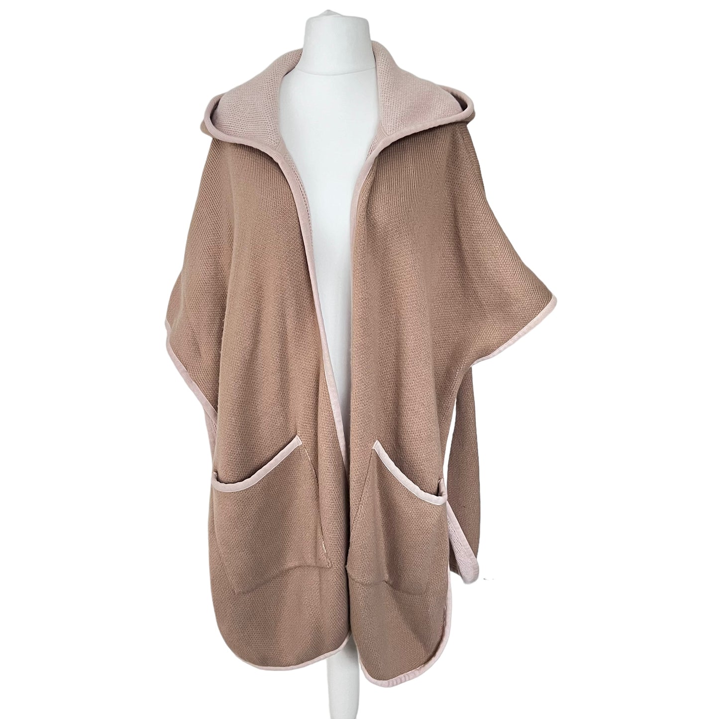 ZARA knit brown beige thick chunky cape with hood coat cover up one size S M L XL