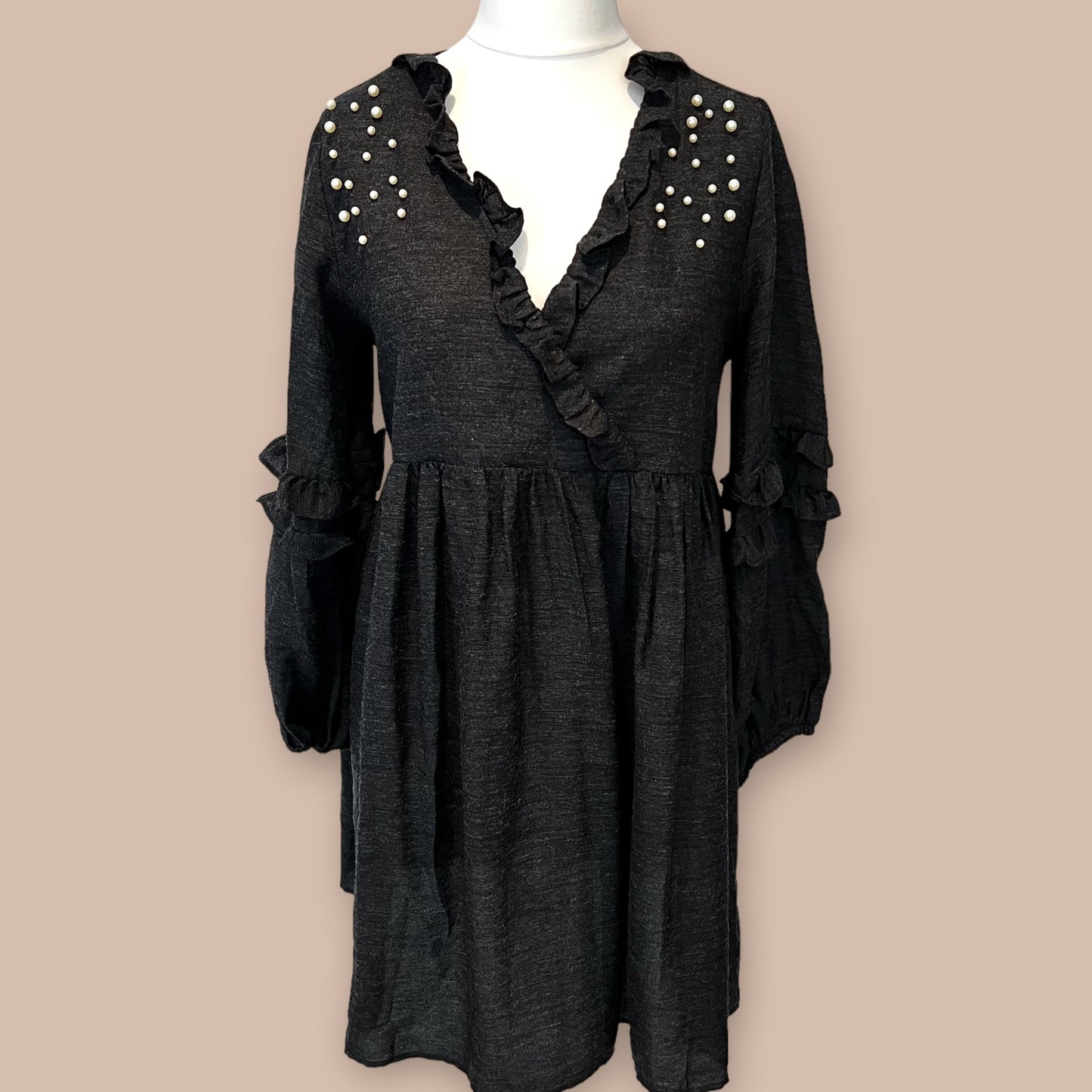 ZARA bnw new midi black charcoal ruffle frill A line pearls dress v neck size M medium 10 3564 173 807