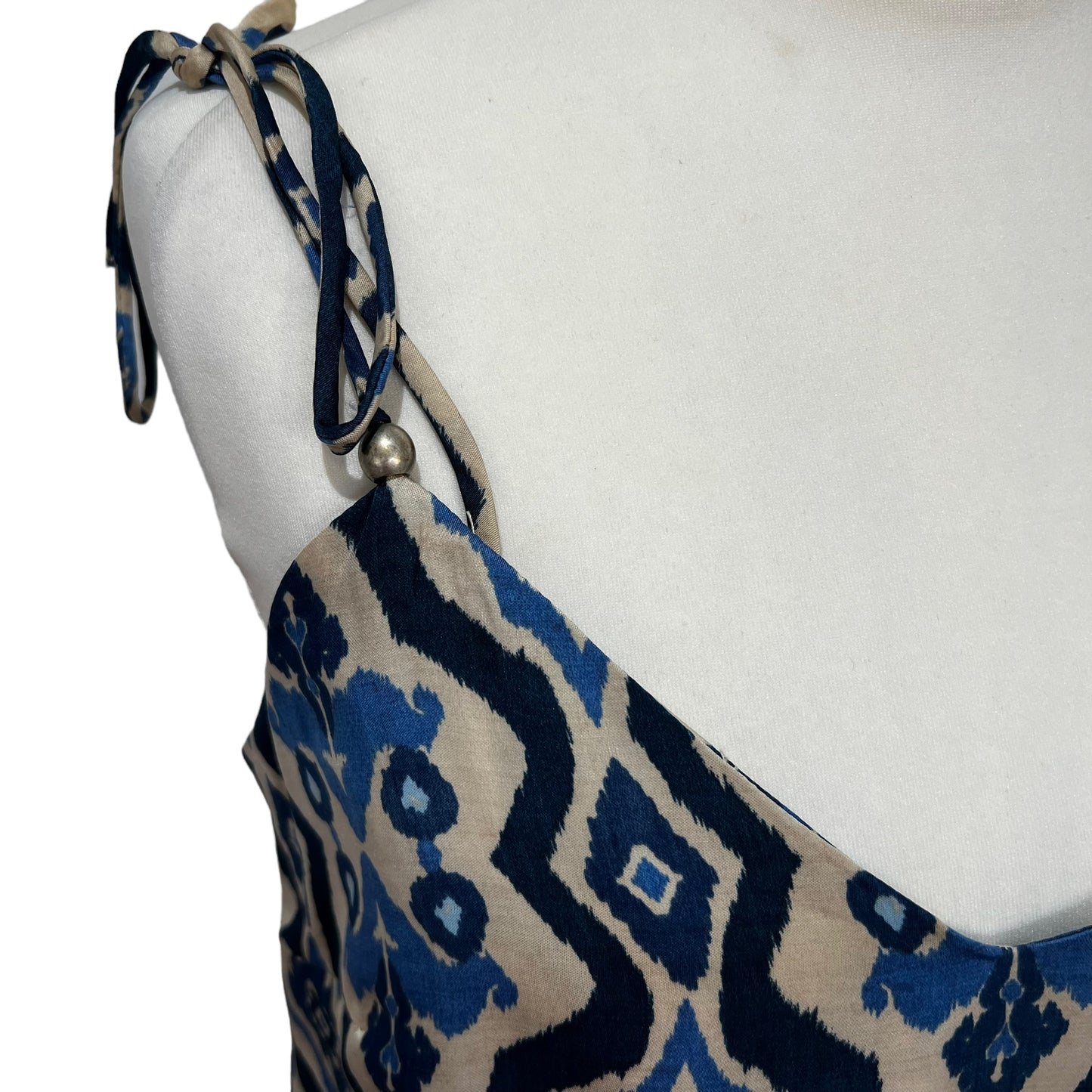 ZARA blue printed 100% viscose cami short silky look beads top size XS 6