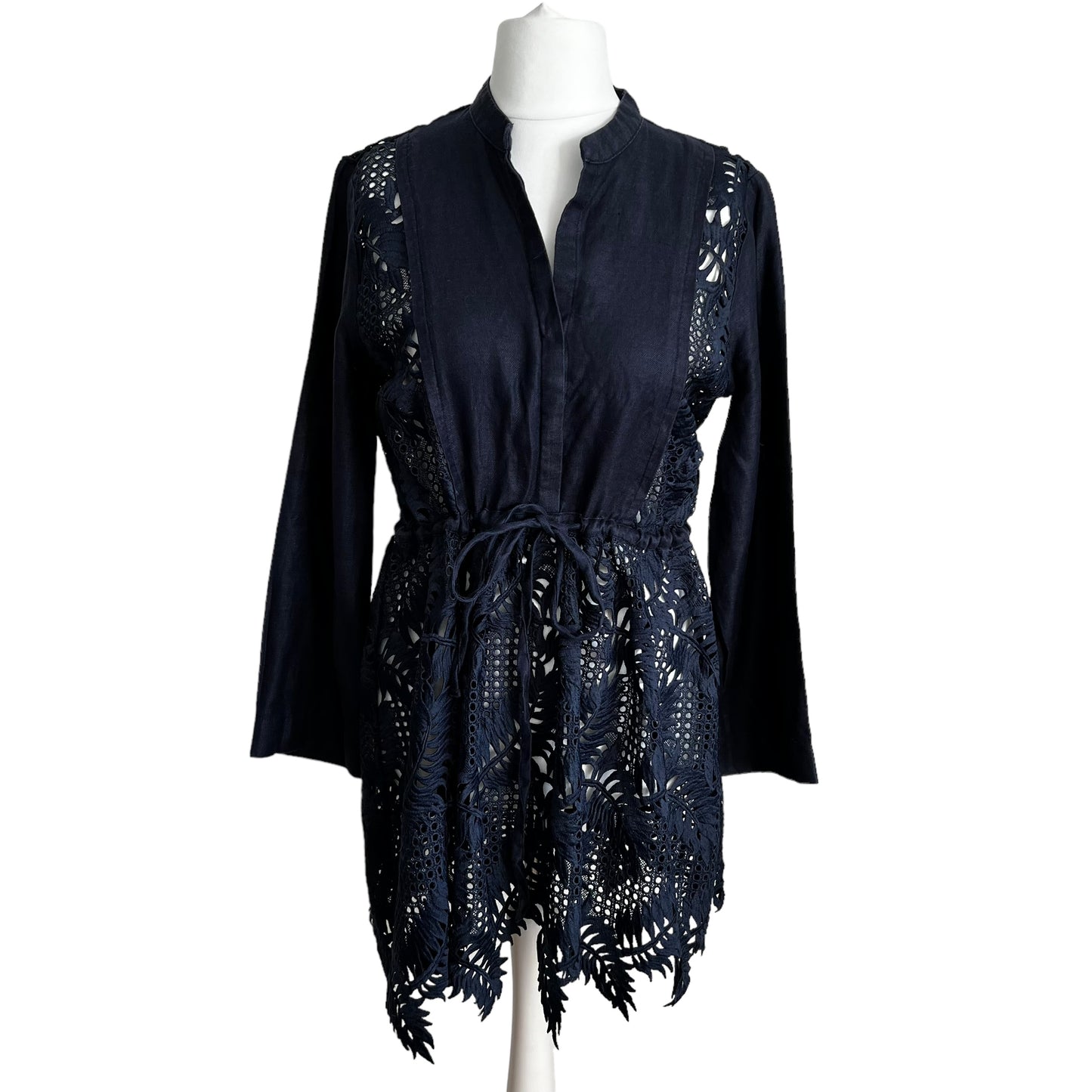 ZARA navy broderie cutwork 100% linen dress beach cover drawstring waist size L 12 4786 076 401