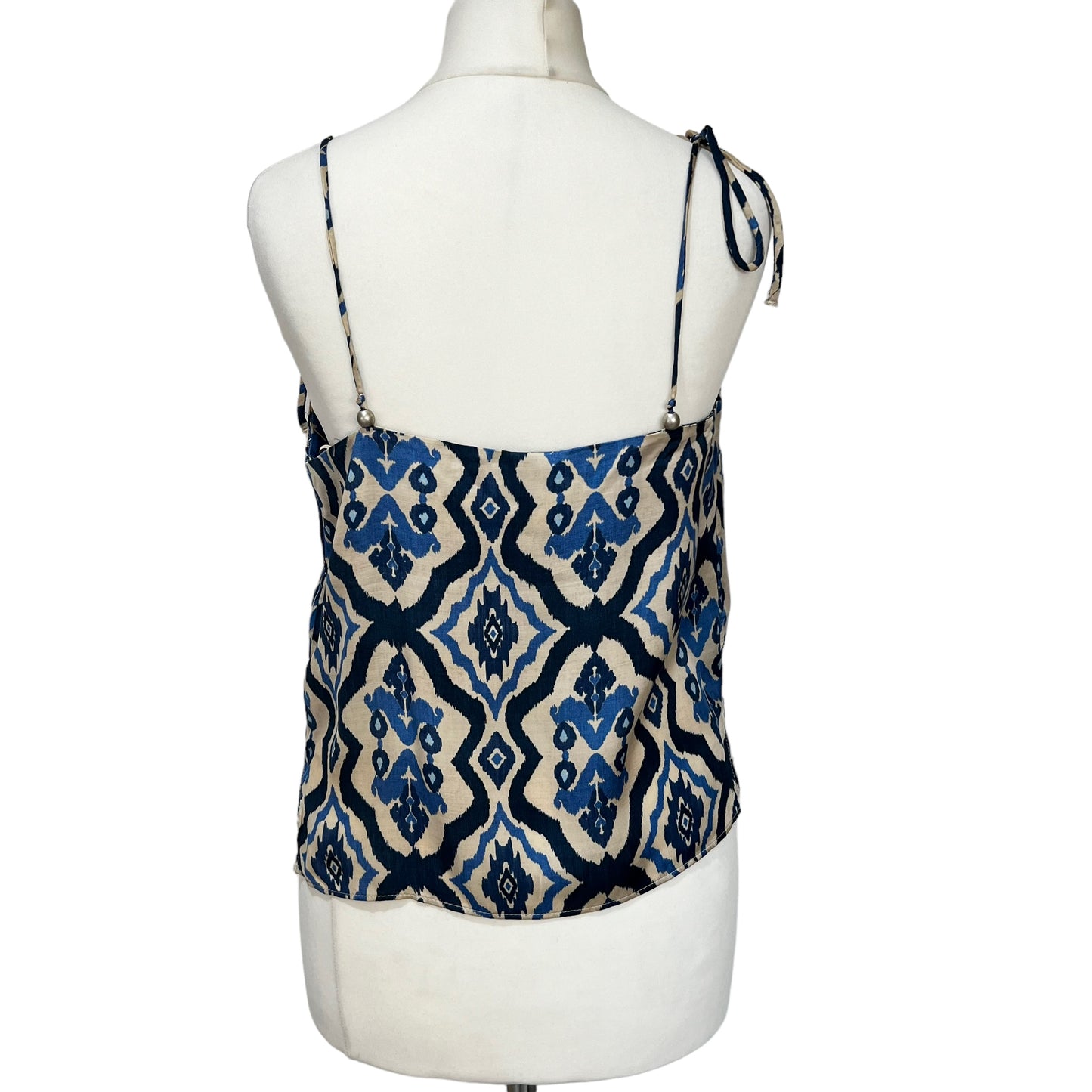 ZARA blue printed 100% viscose cami short silky look beads top size XS 6