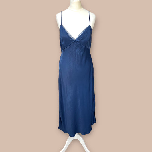 ZARA maxi long blue satin silky lace cami dress size M 10