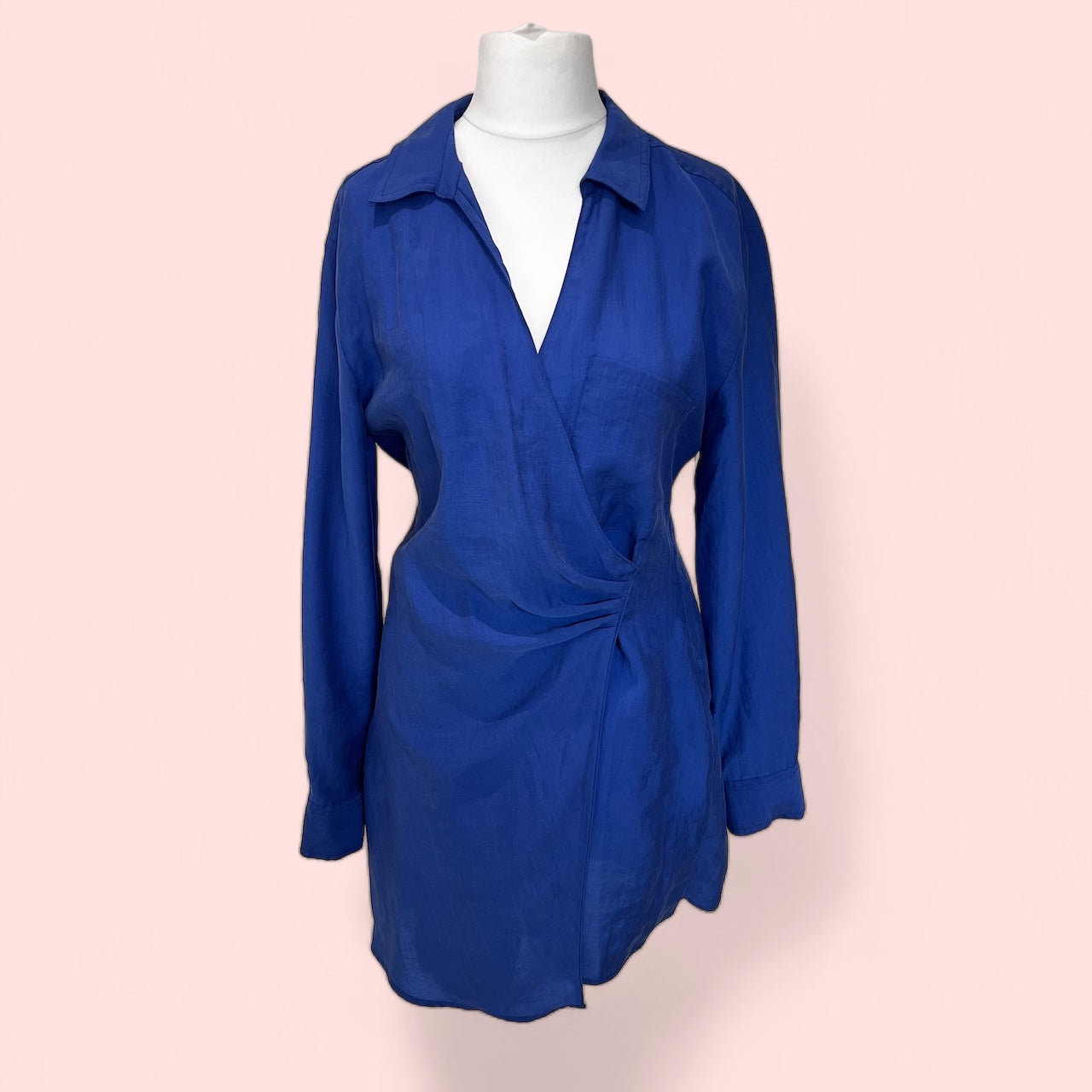 ZARA bnwt new blue collar draped wrap shirt mini short dress size L large 12 4661 322 428