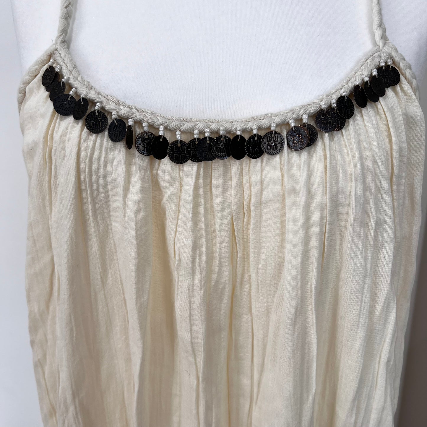 ZARA bnwot new cream ecru cotton maxi midi long summer beach dress coins beads boho size M medium 10 12