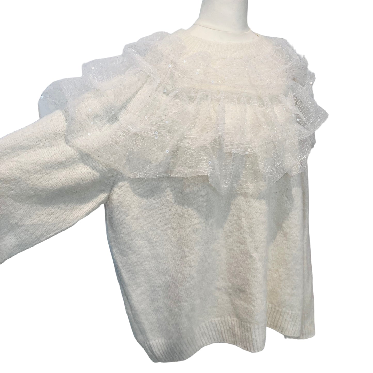 ZARA cream ecru chunky jumper sweater with ruffled collar frill sequins thick oversize size L XL XXL 5507 107 712