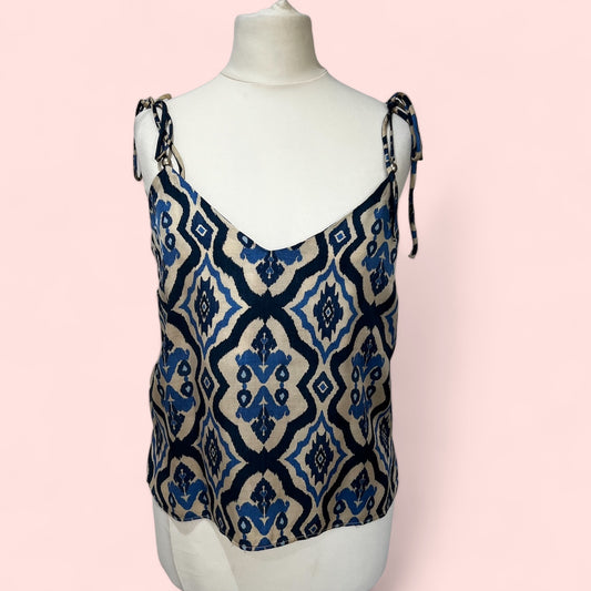 ZARA blue printed 100% viscose cami short silky look beads top size XS 6