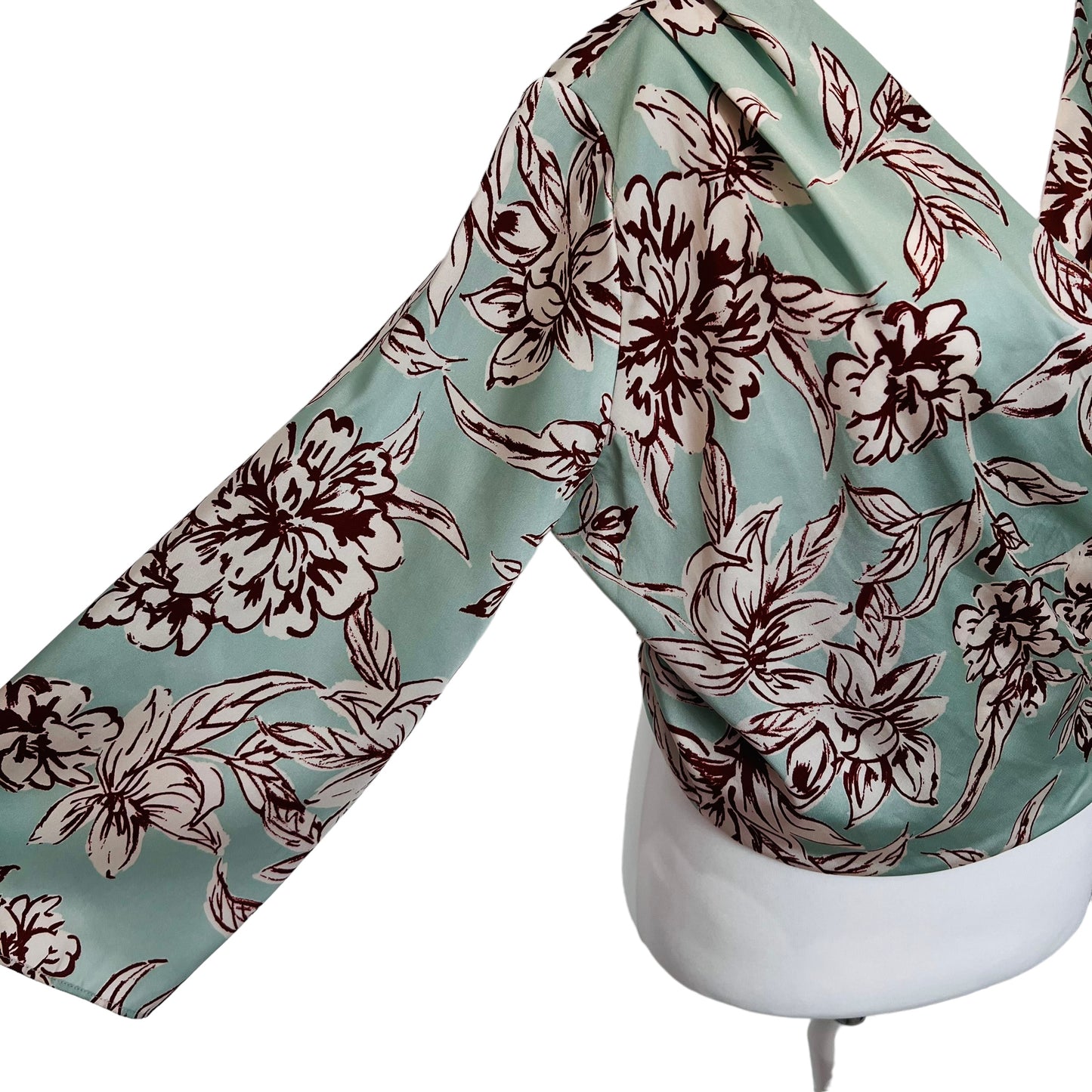 ZARA mint floral print flowers wrap satin silky blouse top size L 12