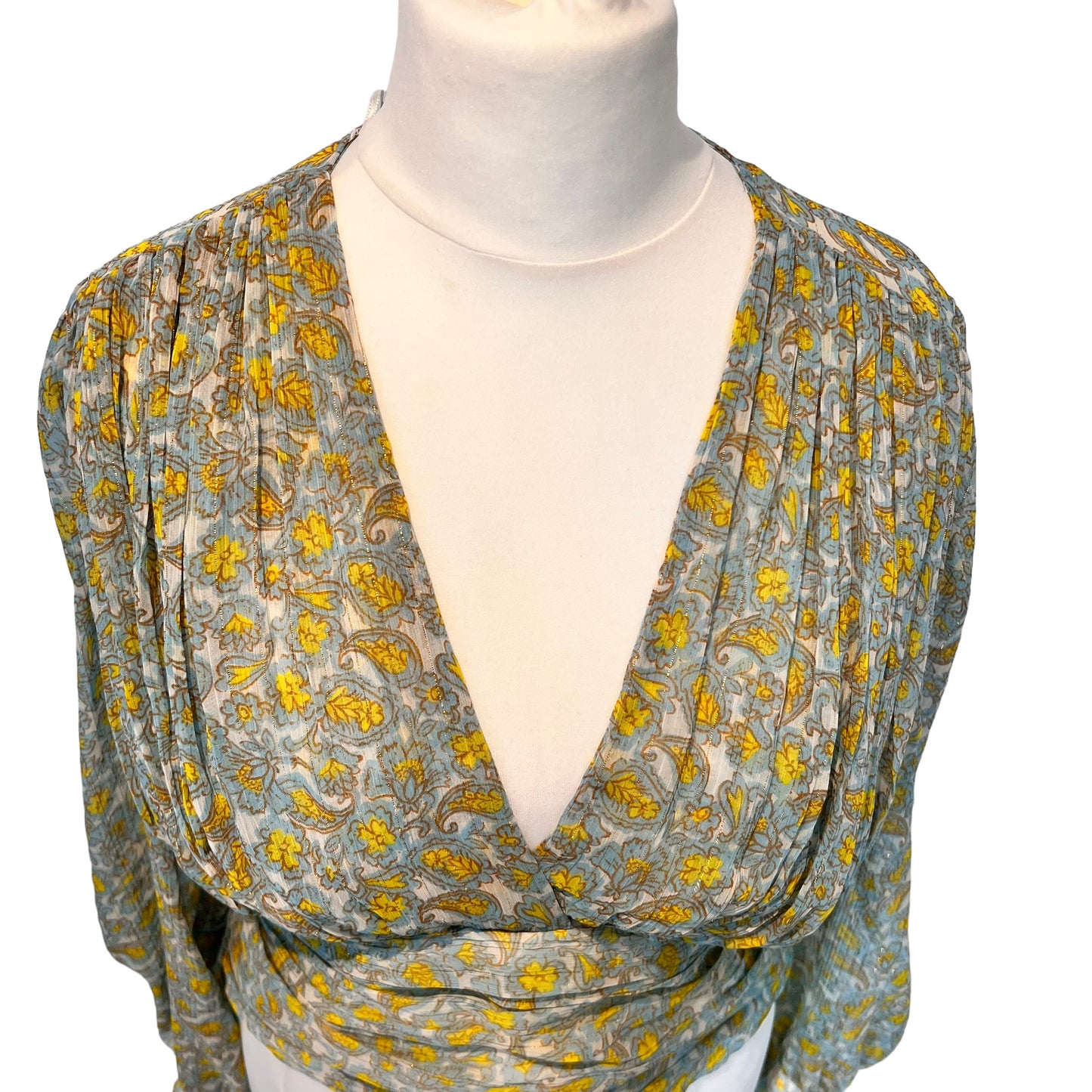 ZARA bnwt chiffon paisley green yellow long sleeve v neck top blouse size M 10 3017 183 330